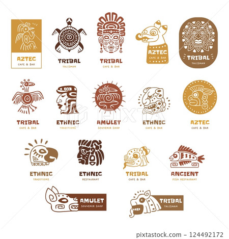Maya logo. Mayan ethnic symbols, peruvian aztec culture ancient mexican indian tribal inca motif signs for branding identity souvenirs or bar logotype, swanky vector illustration 124492172