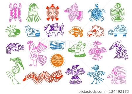 Maya animal symbols. Mayan aztec inca mythology animals totem hieroglyphs, ancient peru indian tribal tattoo ethnic mexican culture sign eagle bird, swanky vector illustration 124492173