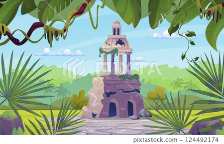 Jungle ruins. Ancient stone building ruin lost civilization in forest nature, old aztec temple maya altar or roman monument adventure game background, swanky vector illustration Jungle ruins. Ancient stone building ruin lost civilization in forest nature, old aztec temple maya altar or roman monument adventure game background, swanky vector illustration 124492174
