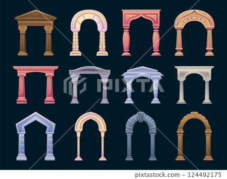 Cartoon ancient arches. Stone archway, arch entrance gate in roman palace or greek castle temple antique architecture with column portal gates frame, swanky vector illustration Cartoon ancient arches. Stone archway, arch entrance gate in roman palace or greek castle temple antique architecture with column portal gates frame, swanky vector illustration 124492175