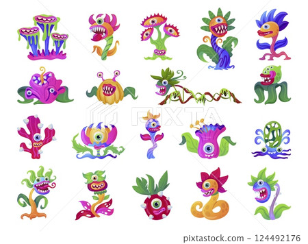 Monster plants. Carnivore fantasy flower with scary teeth, carnivorous plant alien exotic toxic flowers fly trap halloween game monsters set, cartoon swanky vector illustration Monster plants. Carnivore fantasy flower with scary teeth, carnivorous plant alien exotic toxic flowers fly trap halloween game monsters set, cartoon swanky vector illustration 124492176