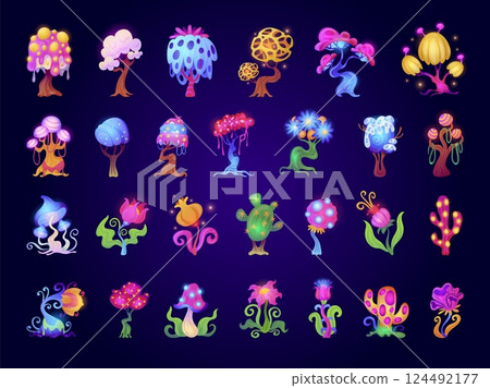 Cartoon magic trees. Fantasy alien forest psychedelic tree luminous mushroom, fairy tale plant mysterious unusual flowers violet plants fantastic game, swanky vector illustration 124492177
