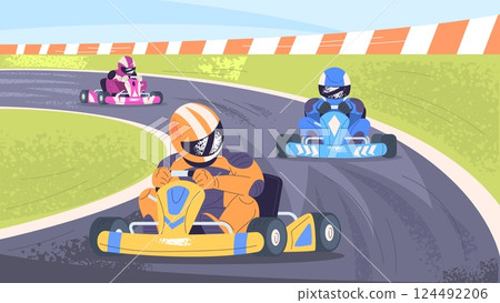 Kart race. Go-karts drivers in helmets drive karting cars on race track, speed motor sport fun extreme racing competition formula one racers kart car, classy vector illustration 124492206