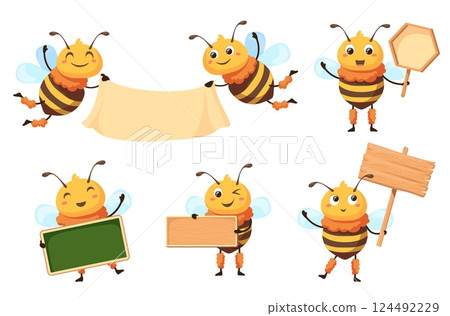 Bees signboard. Cartoon honey bee hold empty white sign, funny honeybee mascot with blank banner for school text or ad promotion billboard, study mascot neat vector illustration 124492229