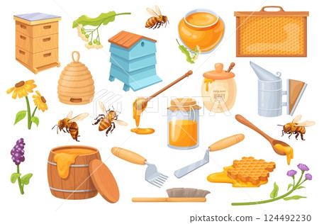 Cartoon honey apiary. Beekeeping mead products, beehive bee honeycomb farm bee hive house beekeeper production pot spoon dipper spring summer flower food, neat vector illustration 124492230