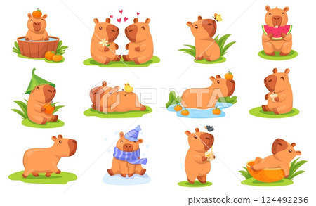 Cartoon capybara. Kawaii capibara funny animal characters, cute capybaras mascot baby bear fun in zoo onsen adorable animals kids stickers childish set, neat vector illustration Cartoon capybara. Kawaii capibara funny animal characters, cute capybaras mascot baby bear fun in zoo onsen adorable animals kids stickers childish set, neat vector illustration 124492236