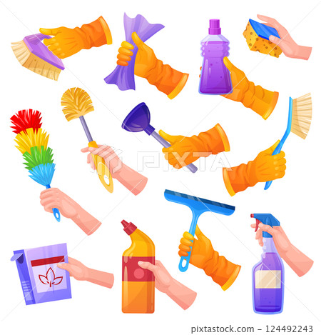 Hands holding cleaning tools. Hand in gloves hold detergent supplies for clean surface, scrub brush squeeze sponge window wiper spray cloth or duster rag, tidy vector illustration Hands holding cleaning tools. Hand in gloves hold detergent supplies for clean surface, scrub brush squeeze sponge window wiper spray cloth or duster rag, tidy vector illustration 124492243