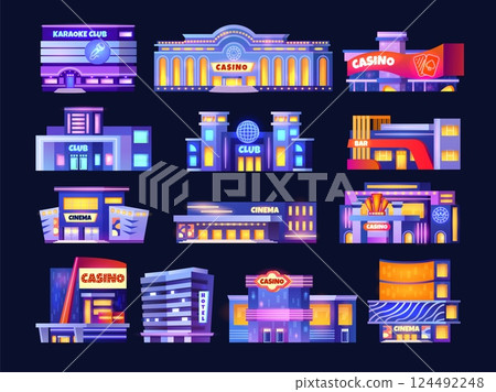 Casino buildings. Night entertainment building neon facade, karaoke club entrance hotel commercial center travel vegas city landmark poker cinema houses, swanky vector illustration Casino buildings. Night entertainment building neon facade, karaoke club entrance hotel commercial center travel vegas city landmark poker cinema houses, swanky vector illustration 124492248