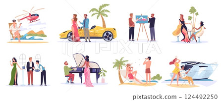 Rich people life. Luxury lifestyle, wealthy man woman with expensive yacht or car millionaire billionaire characters secular society successful business, classy vector illustration 124492250