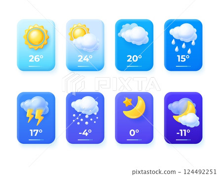 3d weather forecast. Render weather ui icons for phone mobile app, climate widget meteorological cards meteorology screen night day temperature sun rain, exact vector illustration 3d weather forecast. Render weather ui icons for phone mobile app, climate widget meteorological cards meteorology screen night day temperature sun rain, exact vector illustration 124492251