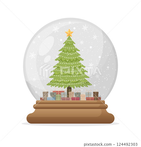 christmas glass snow globe with christmas tree and presents flat illustration isolated on white background 124492303