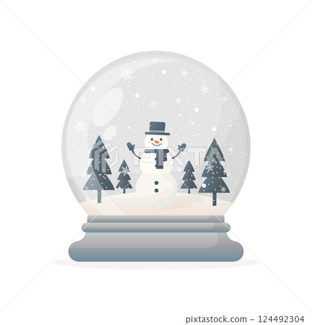 christmas glass snow globe with snowman in winter forest flat illustration isolated on white background christmas glass snow globe with snowman in winter forest flat illustration isolated on white background 124492304