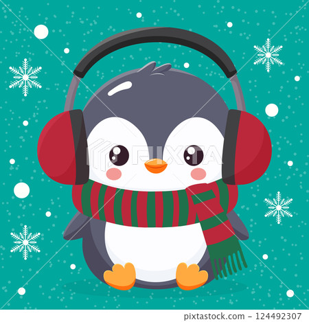 baby penguin in headphones and winter scarf in snow flat illustration baby penguin in headphones and winter scarf in snow flat illustration 124492307