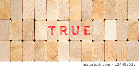 True symbol. Concept word True on beautiful wooden blocks. Beautiful wooden blocks background. Business, lifestyle, support and true concept. Copy space. 124492522