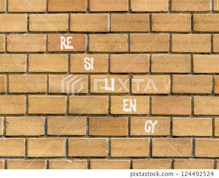 Resiliency symbol. Concept word Resiliency on beautiful brown bricks. Beautiful brown brick wall background. Business resiliency concept. Copy space. Resiliency symbol. Concept word Resiliency on beautiful brown bricks. Beautiful brown brick wall background. Business resiliency concept. Copy space. 124492524