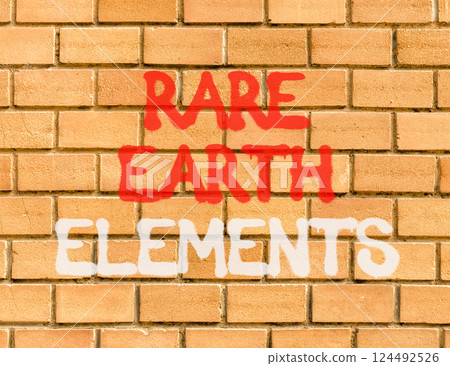 Rare earth elements symbol. Concept words Rare earth elements on beautiful brick wall . Beautiful brick wall background. Business and rare earth elements concept. Copy space. 124492526