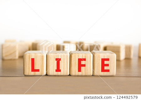 Life symbol. Concept word Life on beautiful wooden blocks. Beautiful wooden table white background. Business, lifestyle, support and life concept. Copy space. Life symbol. Concept word Life on beautiful wooden blocks. Beautiful wooden table white background. Business, lifestyle, support and life concept. Copy space. 124492579