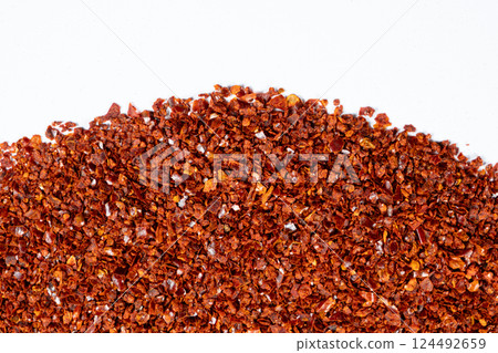 Crushed red hot chili pepper natural seasoning, white background, copy place for text, top view Crushed red hot chili pepper natural seasoning, white background, copy place for text, top view 124492659