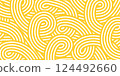 Noodle pattern on yellow background. Spaghetti texture. Abstract background for Italian menu. 124492660