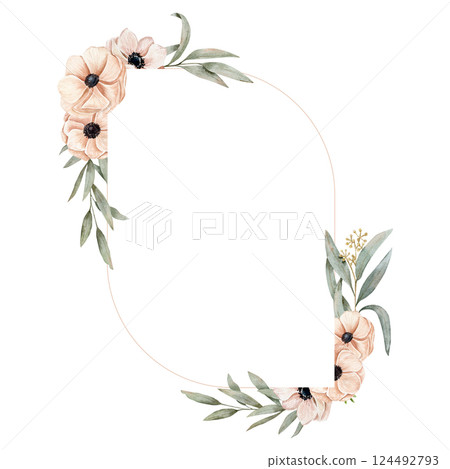Watercolor hand drawn frame with a eucalyptus branches on a savage green and anemones on a peach pink color.  124492793
