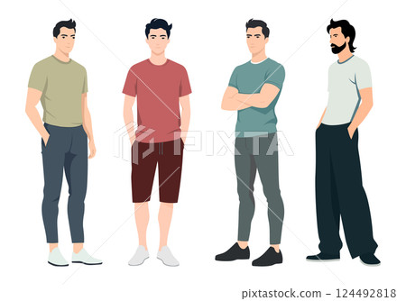 Summer Mens Outfit Collection. A group of young men in summer inspired outfits, including tshirts, shorts, and lightweight pants. 124492818
