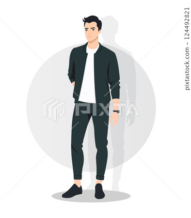 Confident Young Man in a Dark Casual Outfit with a Modern Urban Style Confident Young Man in a Dark Casual Outfit with a Modern Urban Style 124492821