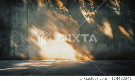 Abstract shadows on stone floor in sunlight. Autumnal soft focus background. Sunny day shadow on exterior wall. Texture of a sunshine on cement floor. This is AI-generated item 124492841