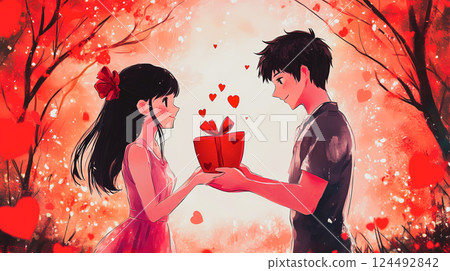 Anime couple in love. A girl and a boy holding a big red heart in their hands. Red gift box for Valentines Day 14 February. Fall in love in first time This is AI-generated item 124492842