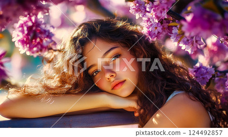 Young beautiful girl with long curly hair under blossoming trees with purple flowers in spring botanical garden. Female beauty. Watercolour picture. This is AI-generated item 124492857