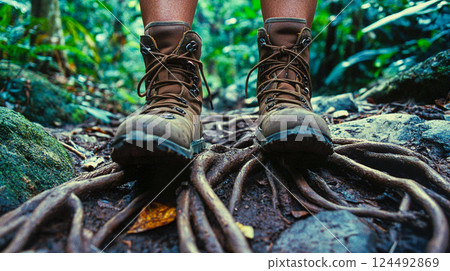Ground level view of human's feet in brown boots on the roots of an ancient tree in the jungle. Traveling in the wilderness. Trekking hiking route. This is AI-generated item Ground level view of human's feet in brown boots on the roots of an ancient tree in the jungle. Traveling in the wilderness. Trekking hiking route. This is AI-generated item 124492869