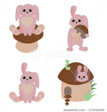 Set of mushrooms and rabbits. Vector illustration isolated on white background. 124492889