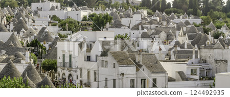 Scenic panoramic view of Alberobello and trulli buildings, Apulia, Italy Scenic panoramic view of Alberobello and trulli buildings, Apulia, Italy 124492935