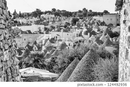 Scenic panoramic view of Alberobello and trulli buildings, Apulia, Italy 124492936