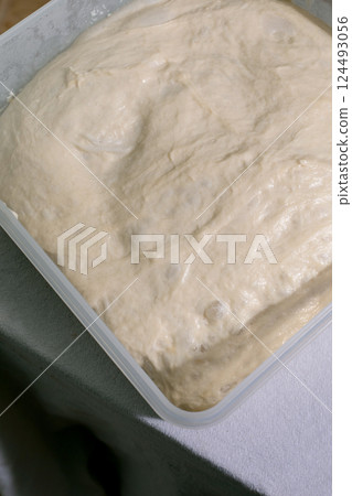 Yeast Dough Rising in Plastic Container 124493056