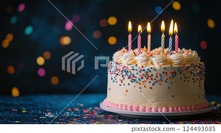 Colorful birthday cake with candles and sprinkles on dark background 124493085