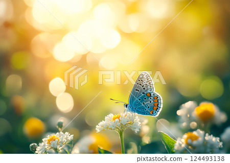 Blue butterfly is sitting on a yellow flower. 124493138