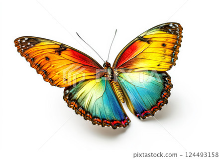 Colorful butterfly with a blue wing and orange and yellow wings 124493158