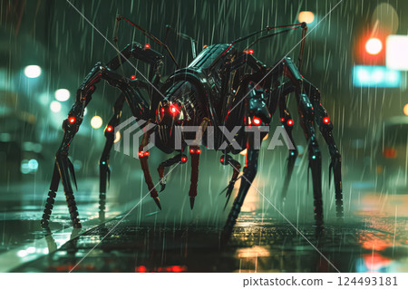 Creepy spider with glowing eyes is standing in the rain. 124493181
