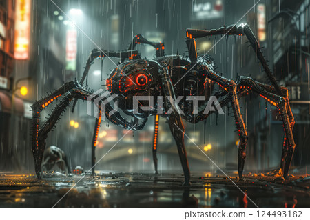 Creepy spider with glowing eyes is standing in the rain. 124493182