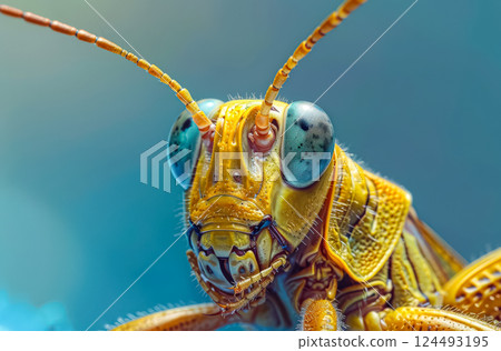 Close up of a bug's head with a blue eye. 124493195