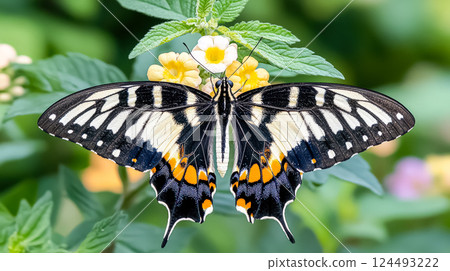 Butterfly with black and yellow wings is resting on a flower 124493222