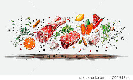 Red raw meat and vegetables on white background with rosemary, pepper and lemon. Beef steak with seasoning for grilling. Prime steaks of Black Angus. Red raw meat and vegetables on white background with rosemary, pepper and lemon. Beef steak with seasoning for grilling. Prime steaks of Black Angus. 124493294