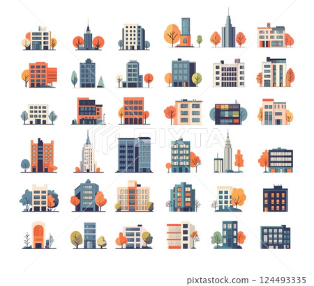 Cartoon buildings. Modern urban multi apartment skyscrapers, country cottages real estate houses, city municipal towers and administration establishments, isolated vector illustrations Cartoon buildings. Modern urban multi apartment skyscrapers, country cottages real estate houses, city municipal towers and administration establishments, isolated vector illustrations 124493335