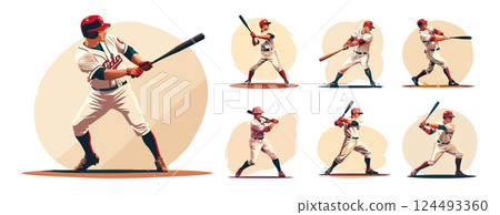 Cartoon baseball players. National american sport pitch bat hit game, active pose team members in uniform characters, isolated vector illustrations 124493360