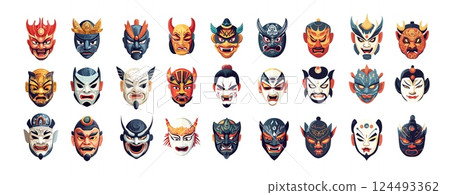 Cartoon asian demon masks. Tengu ancient japan fiend devil warriors, chinese ghosts old immortal kings monsters and spirits face covers accessories, isolated vector illustrations Cartoon asian demon masks. Tengu ancient japan fiend devil warriors, chinese ghosts old immortal kings monsters and spirits face covers accessories, isolated vector illustrations 124493362