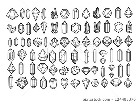 Black outline gems and crystals. Dimond brilliant carat sparkle jewelry stones, quartz glass cobblestones minerals monochrome linear sketch isolated vector illustrations 124493376