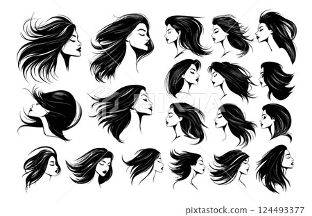 Black ink sketch woman with flowing hair avatars. Long silky wavy locks curls ringlets female portraits, isolated vector illustrations 124493377