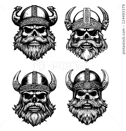 Black ink sketch viking skulls. Beared cranium in horns helmet armour, dead bone head human remains, ancient norseman raiders marauders scandinavian norse berserker living corpses zombies avatars 124493379