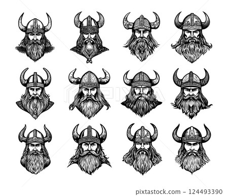 Black ink sketch viking heads. Bearded man in horns helmet armour, norseman marauders norse warrior raiders scandinavian berserker saga heroes characters avatars, isolated vector illustrations 124493390