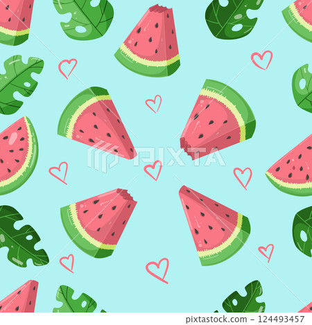 Watermelon wedges with green tropical leaves vector seamless pattern with cute hearts. Fruit summer seamless pattern with watermelon slices. Useful for wrapping paper and decorations. blue background Watermelon wedges with green tropical leaves vector seamless pattern with cute hearts. Fruit summer seamless pattern with watermelon slices. Useful for wrapping paper and decorations. blue background 124493457